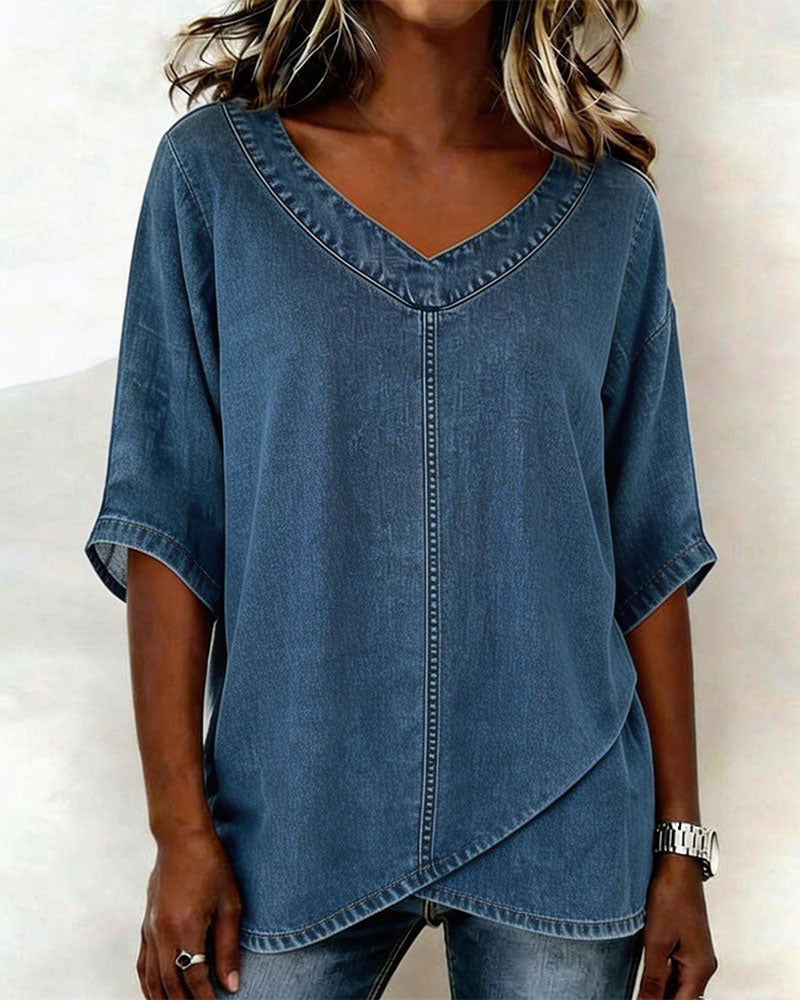 Laritza | Top Denim Escote Pico Manga Corta