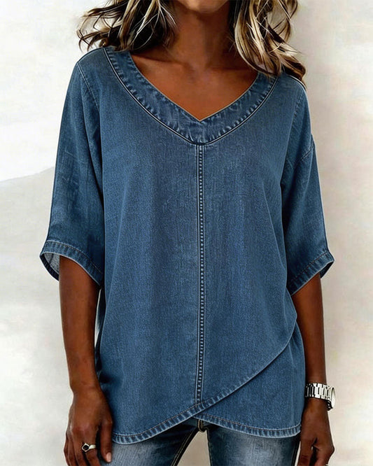 Laritza | Top Denim Escote Pico Manga Corta