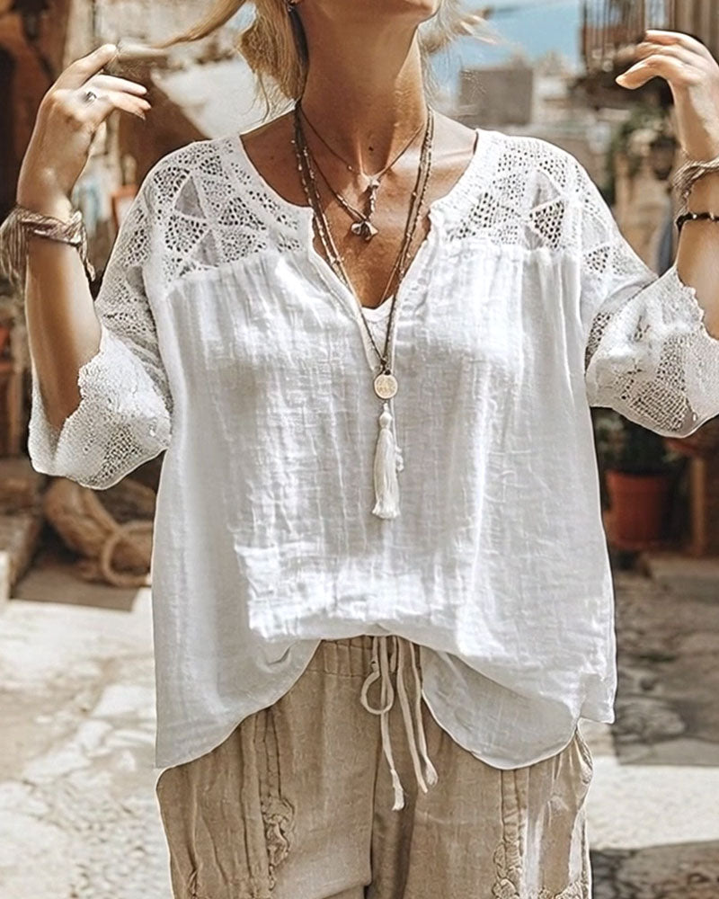 Essien - Blusa Holgada Con Cuello en V y Mangas de Encaje