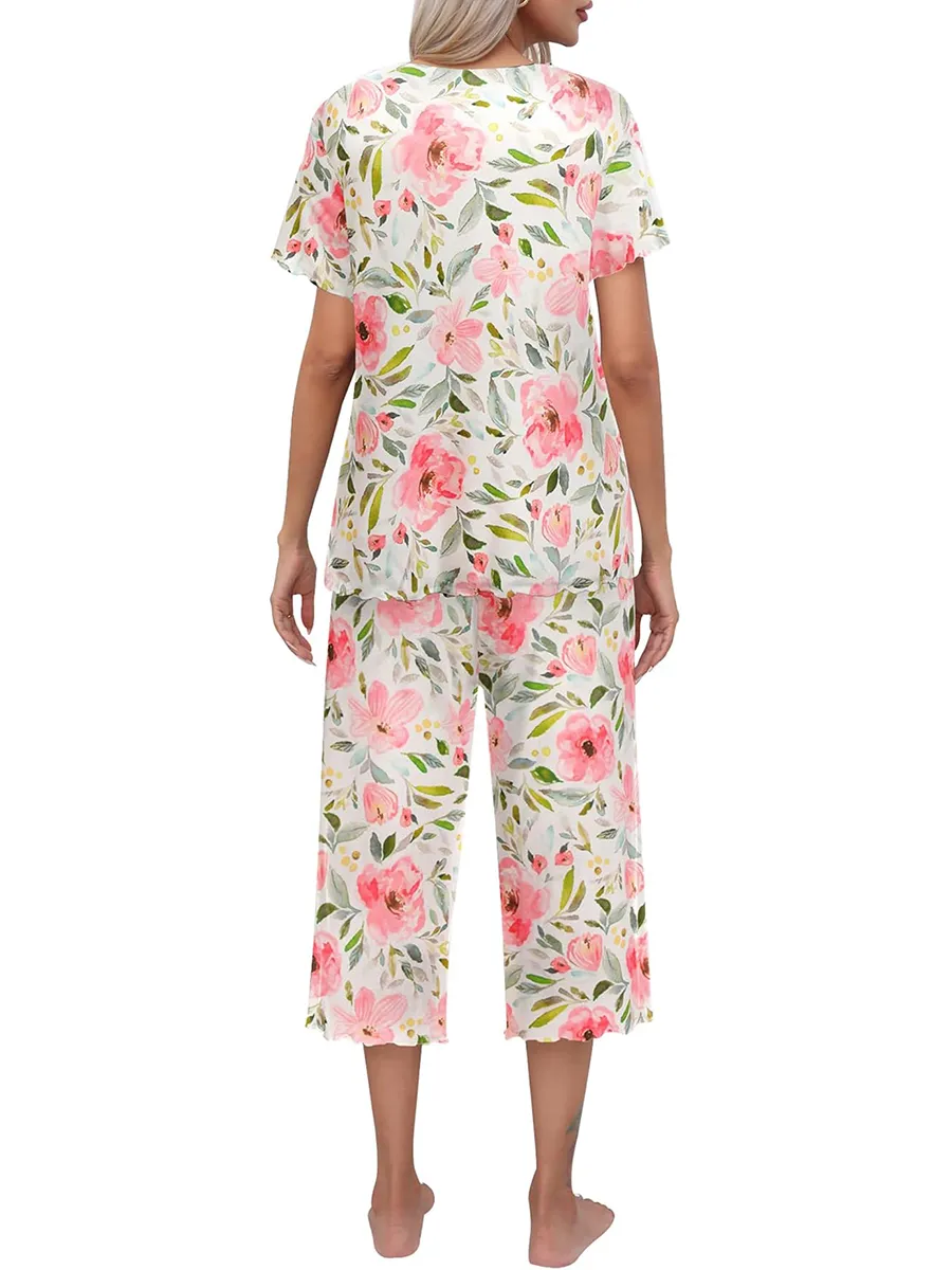 Rashini | Conjunto Floral Manga Corta Capri