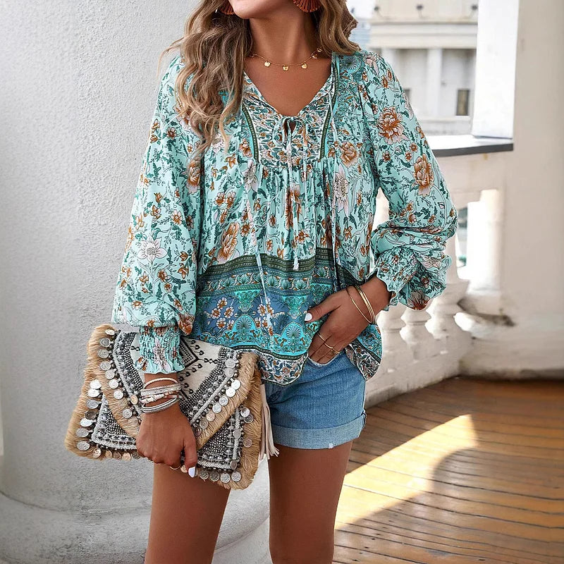 Sallie - Blusa Campestre Con Estampado Floral y Lazo en el Cuello