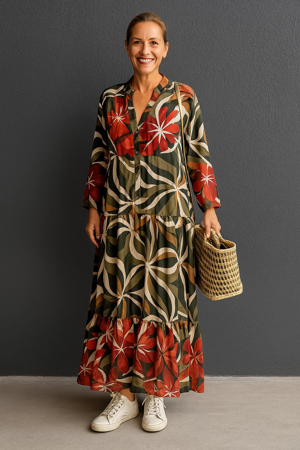 Solveig | Vestido Largo con Volantes y Cuello en V con Estampado Floral