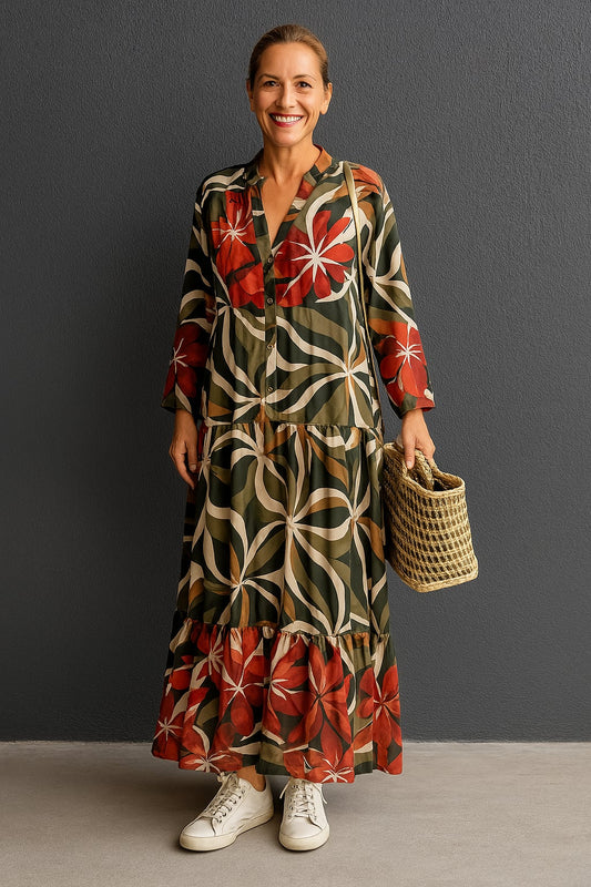 Solveig | Vestido Largo con Volantes y Cuello en V con Estampado Floral