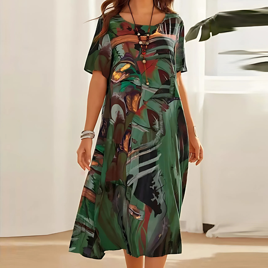 Filomena - Vestido Midi Holgado Con Mangas Cortas y Cuello Redondo