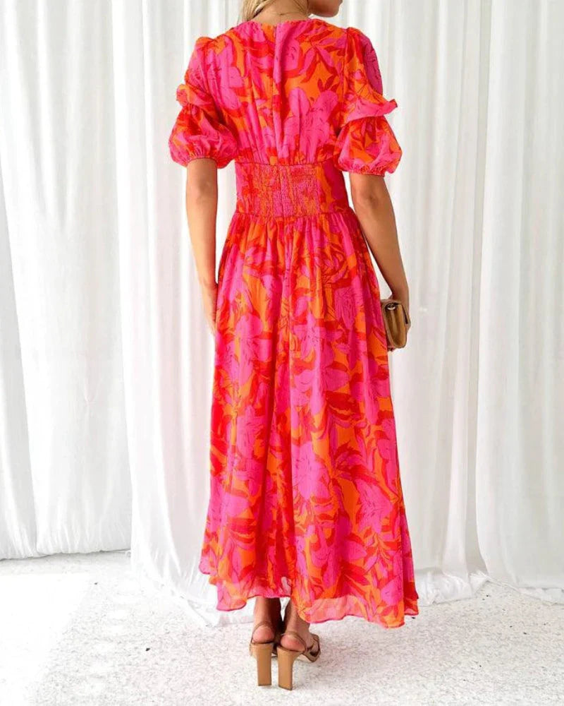 Derana | Vestido Largo Con Estampado Floral, Cuello en V Y Mangas Abullonadas