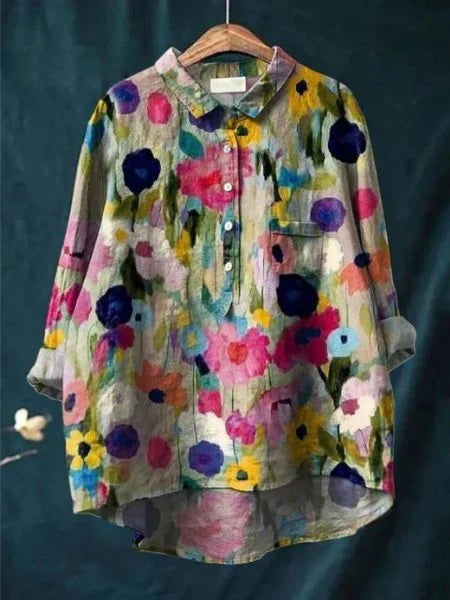 Emery - Blusa Con Estampado Floral Botones Cuello y Bolsillo en el Pecho
