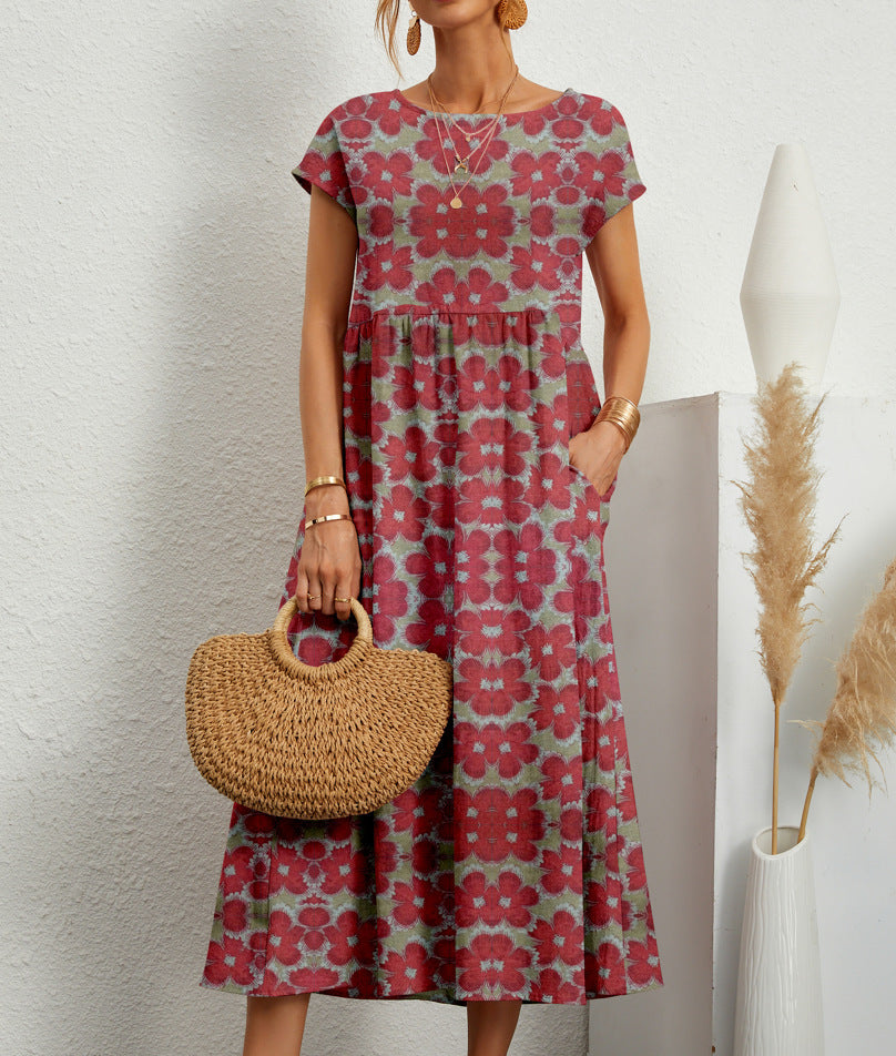 Lovelyn - Vestido Midi de Manga Corta con Estampado Floral