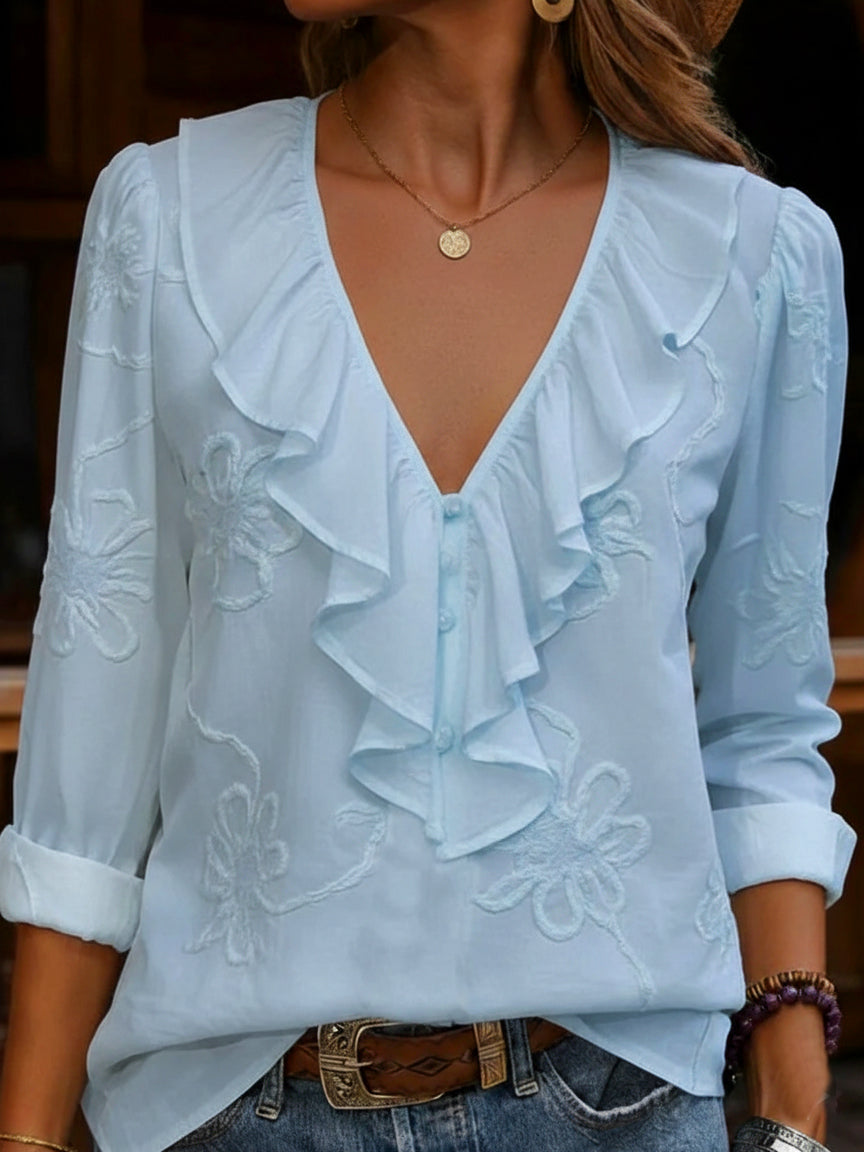 Celestine | Blusa Con Cuello en V Con Volantes Y Bordado Floral