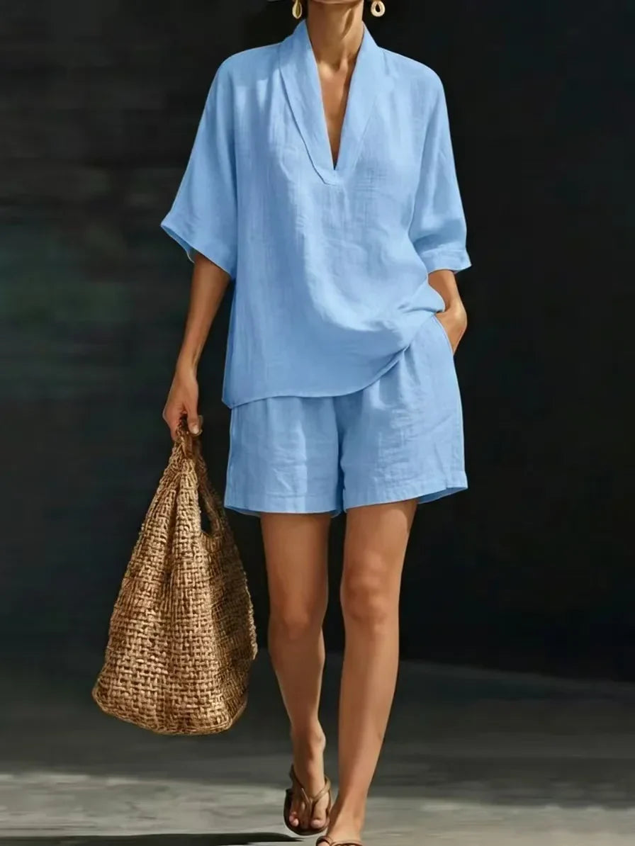 Silvani | Conjunto Casual Dos Piezas Blusa Cuello V Shorts