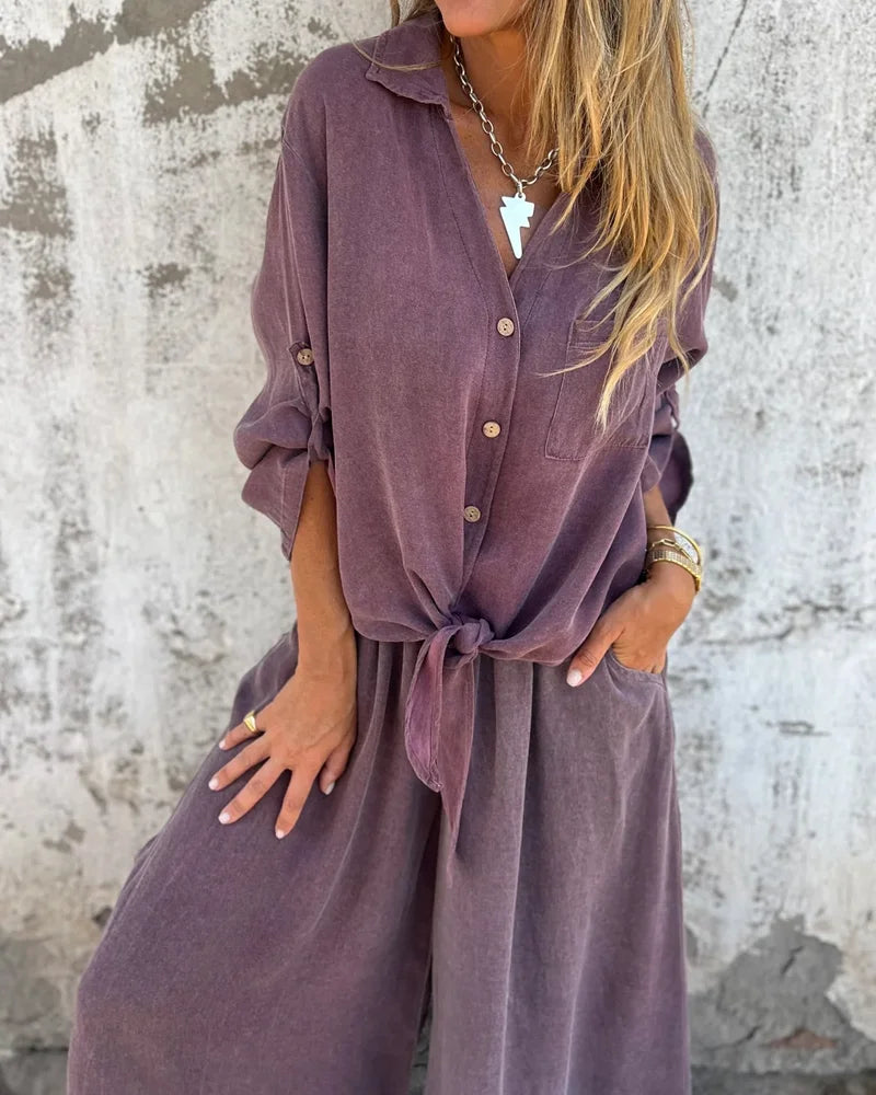 Bogna | Conjunto de Dos Piezas Camisa Con Lazo Delantero y Pantalones de Pierna Ancha