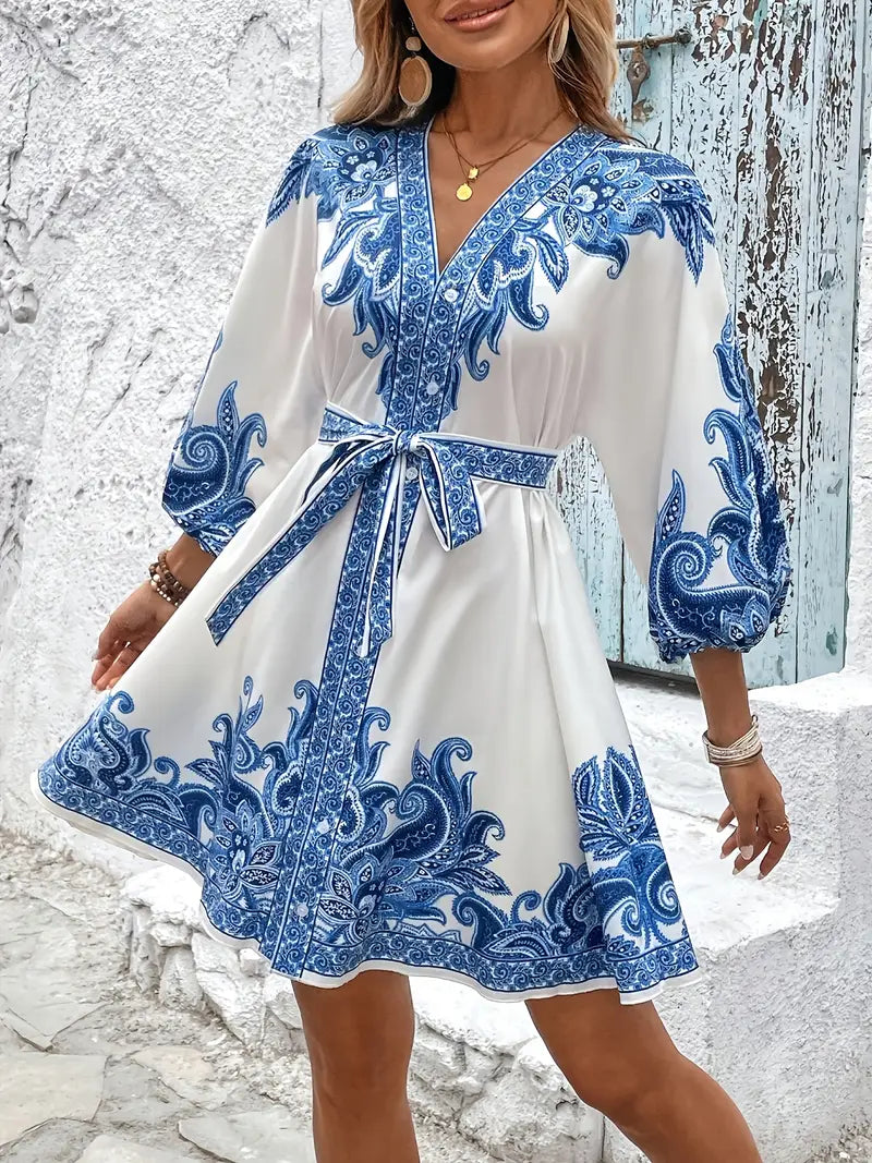 Gwenda | Vestido Evasé Estampado Paisley Cuello V