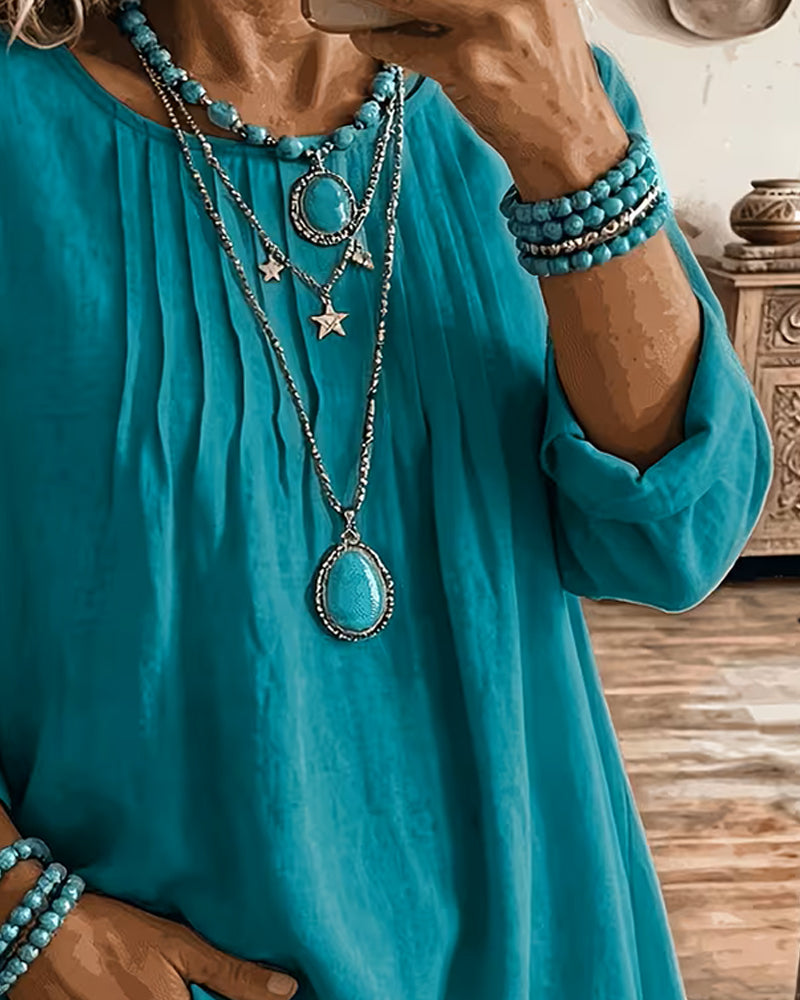 Taireen | Blusa Túnica Con Cuello Redondo Plisado