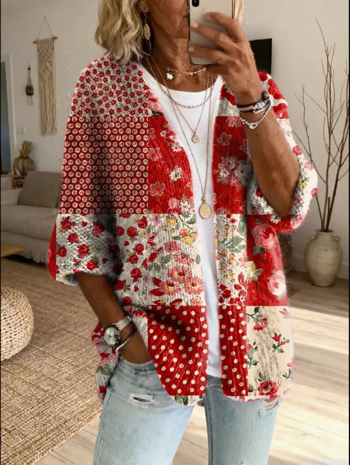 Stevena | Cárdigan De Mujer Con Diseño Floral en Patchwork Y Abertura Frontal