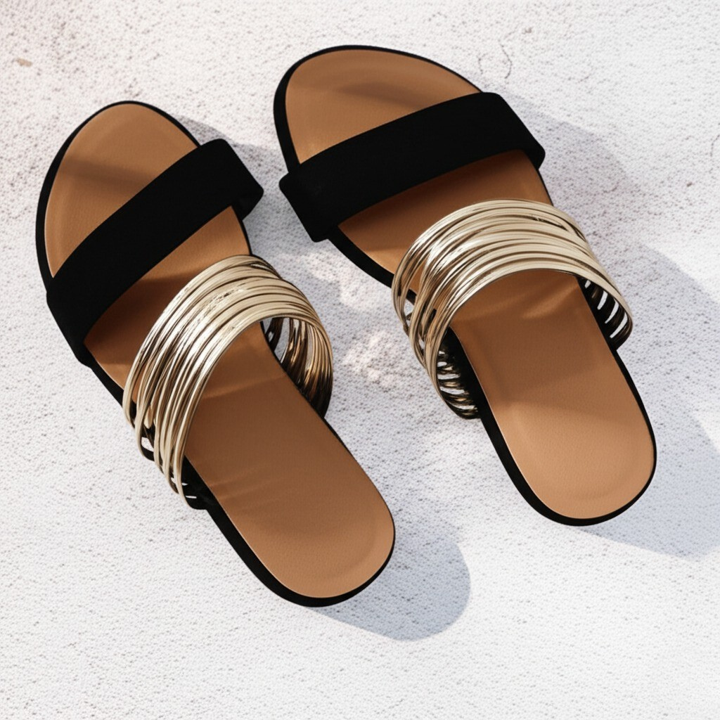 Mukaina | Sandalias Planas Doble Tira Metálica