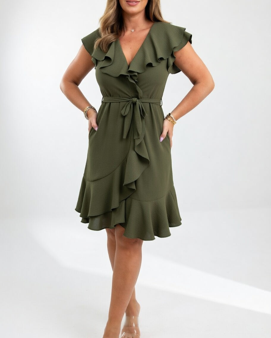 Geiss - Vestido Cruzado Con Volantes Cuello en V y Manga Corta