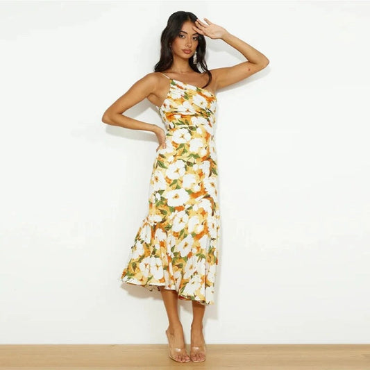 Cynthia | Vestido Midi de Satén Con Estampado Floral y un Solo Hombro