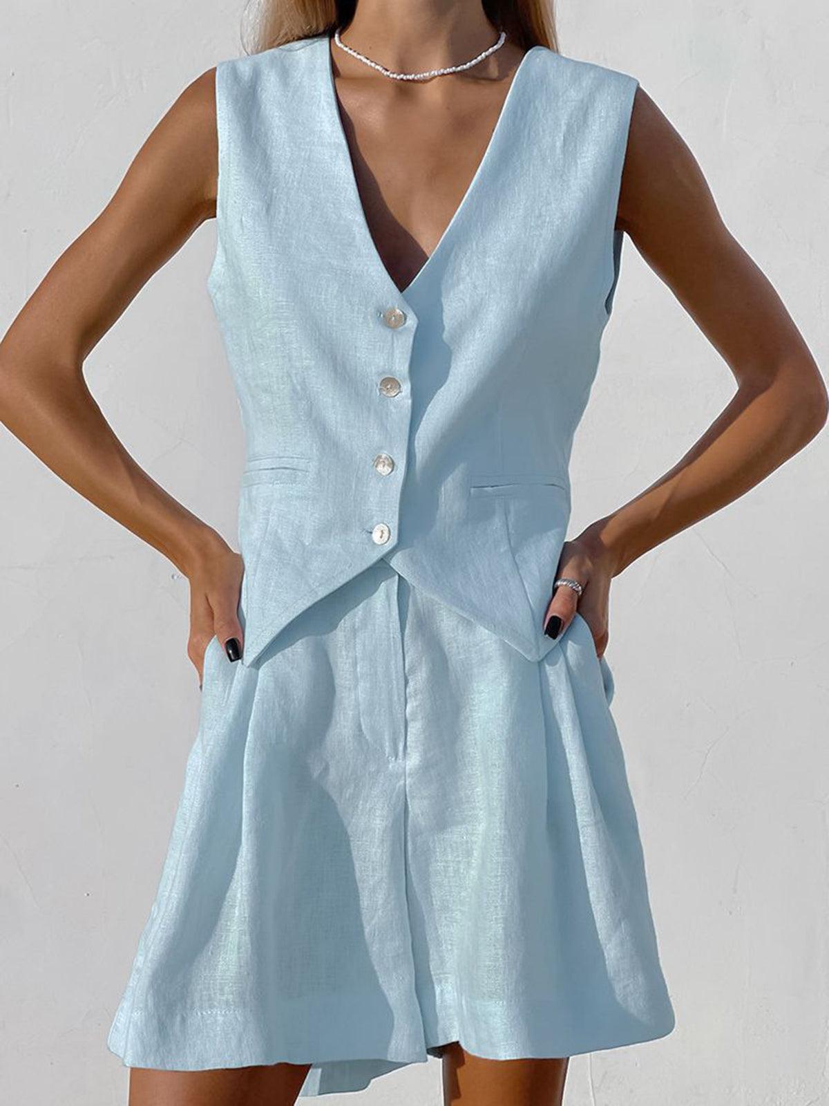 Dynisa | Conjunto De Chaleco Y Pantalones Cortos Con Cuello en V Y Cierre Frontal Con Botones