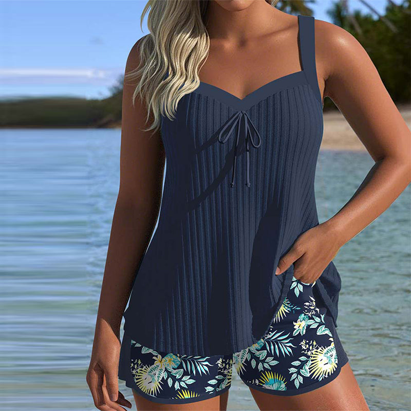 Elvia | Tankini Acanalado Floral Con Shorts