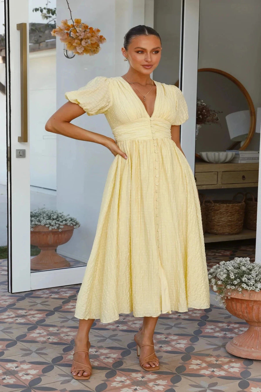 Sneja | Vestido Midi Con Mangas Abullonadas y Botones