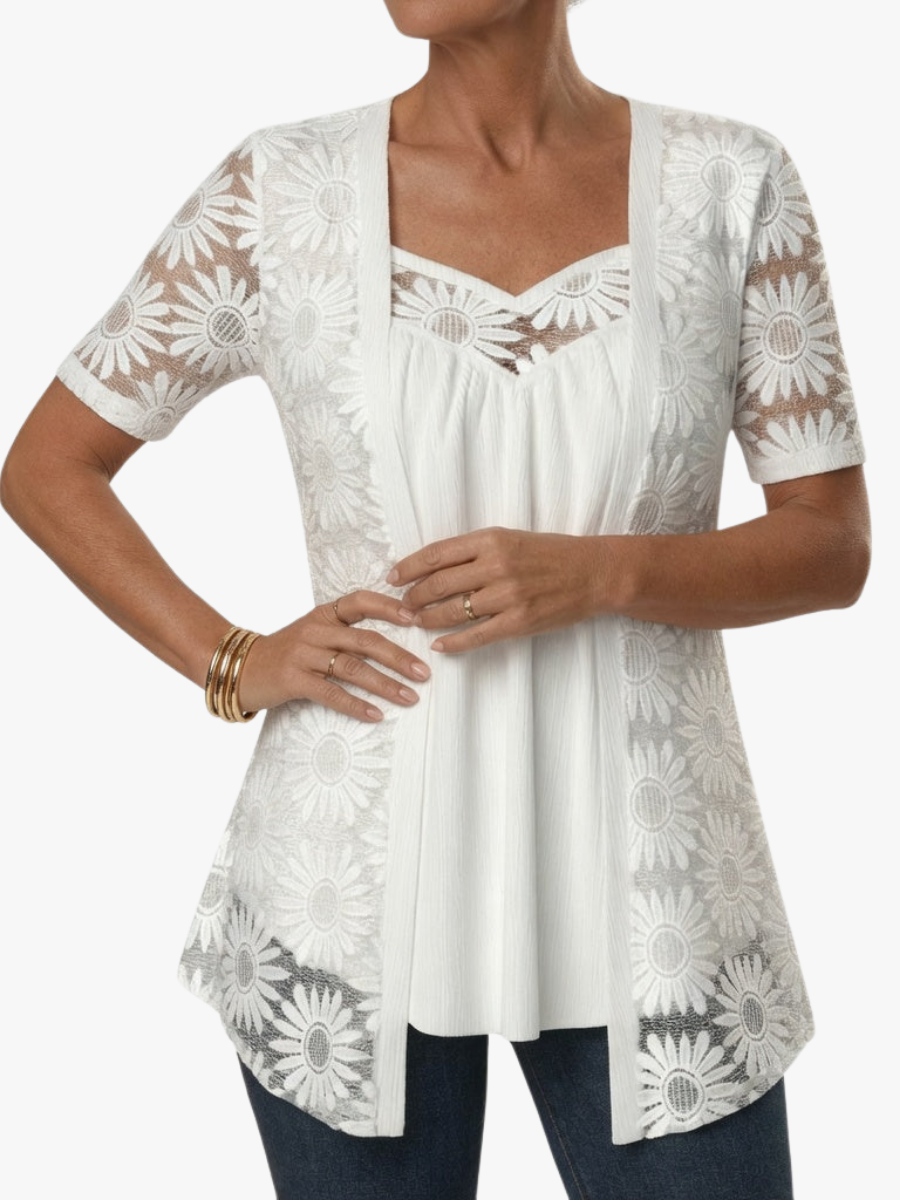 Yahaira | Blusa Túnica De Encaje De Manga Corta Con Efecto De Capas