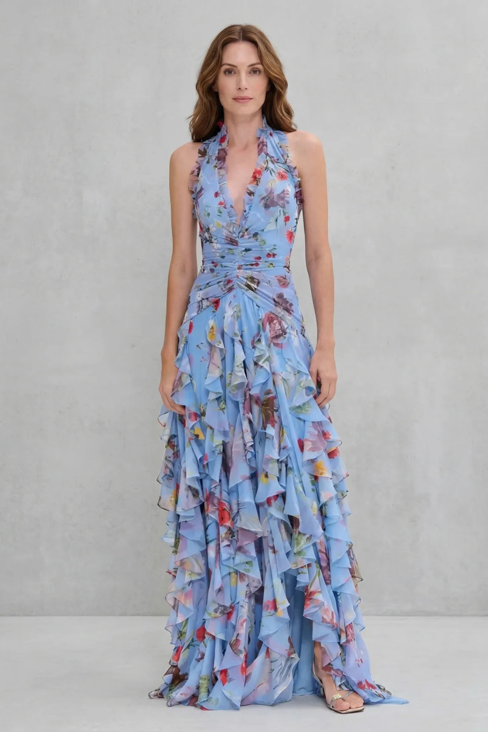 Eliora | Vestido largo con Volantes y Cuello Halter de Estampado Floral
