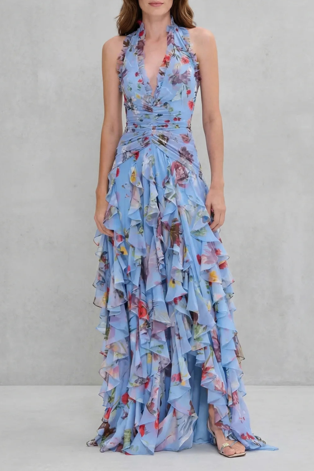 Eliora | Vestido largo con Volantes y Cuello Halter de Estampado Floral