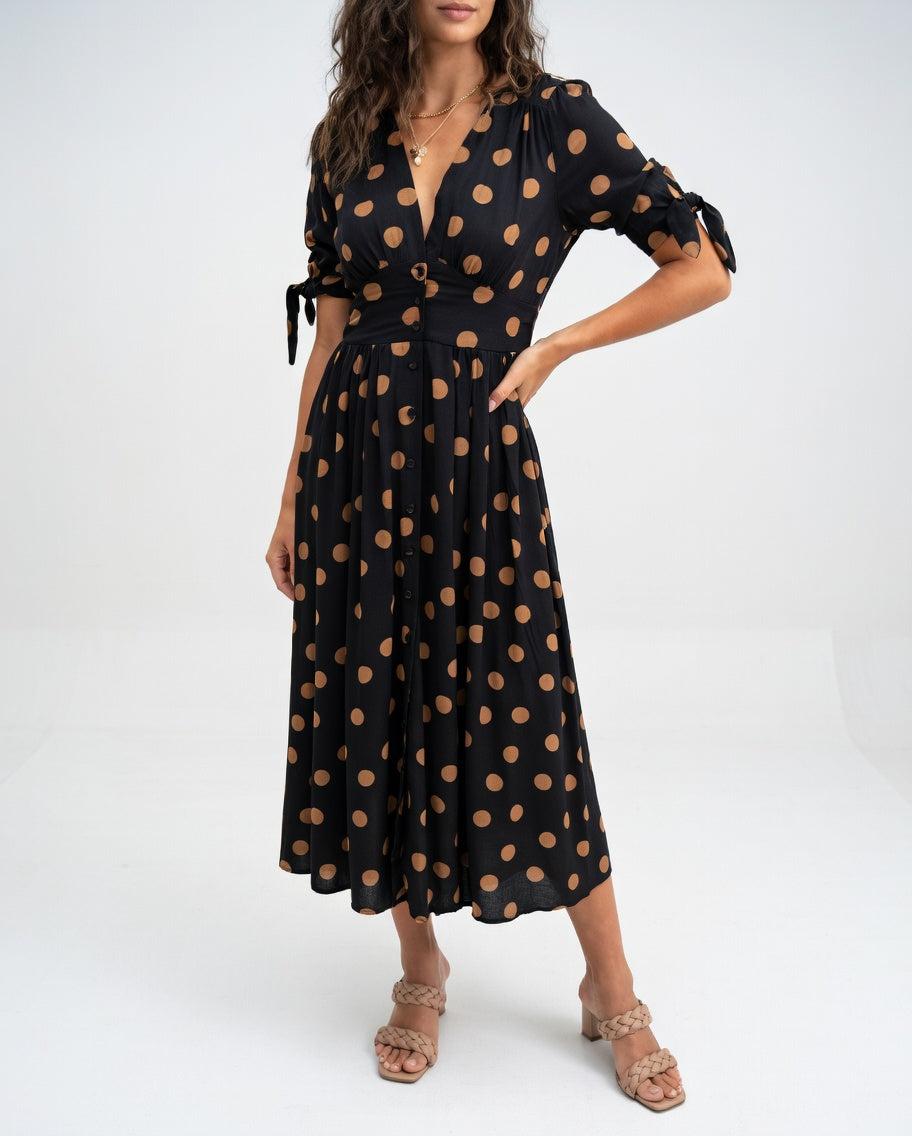 Fabienne | Vestido Midi Con Cuello en V Y Lunares
