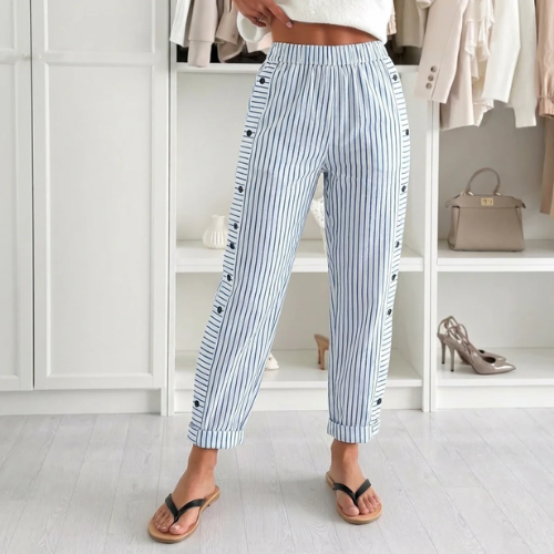 Jamila - Pantalones De Cintura Elástica a Rayas Con Detalle De Botones Laterales