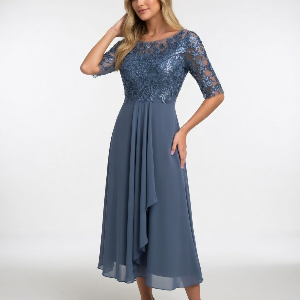 Zerda - Vestido Midi Con Corpiño de Encaje y Manga Media