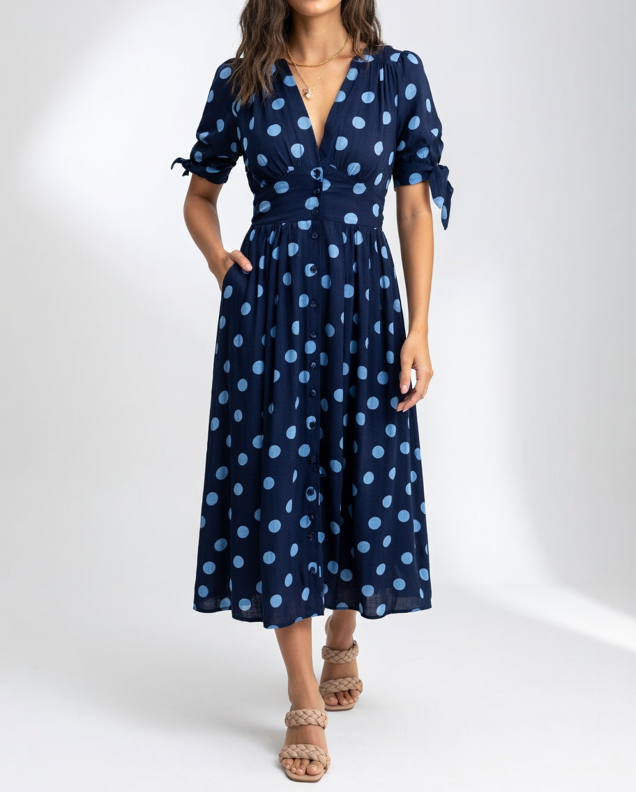 Fabienne | Vestido Midi Con Cuello en V Y Lunares
