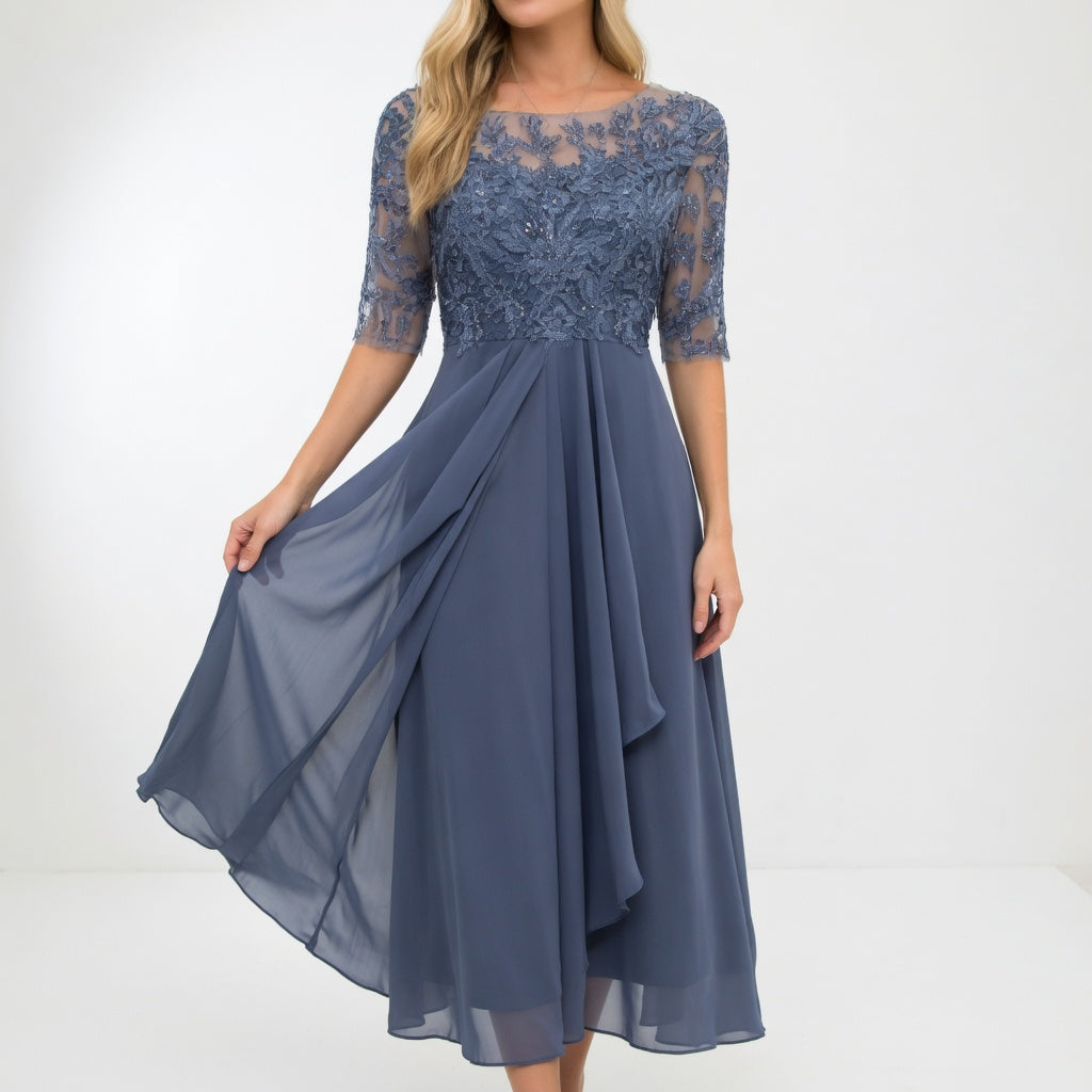 Zerda - Vestido Midi Con Corpiño de Encaje y Manga Media