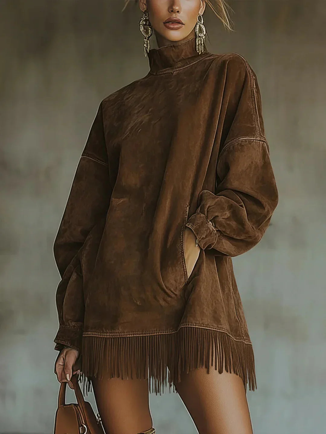 Syanna | Sudadera Oversize de Cuello alto con Flecos en el Bajo