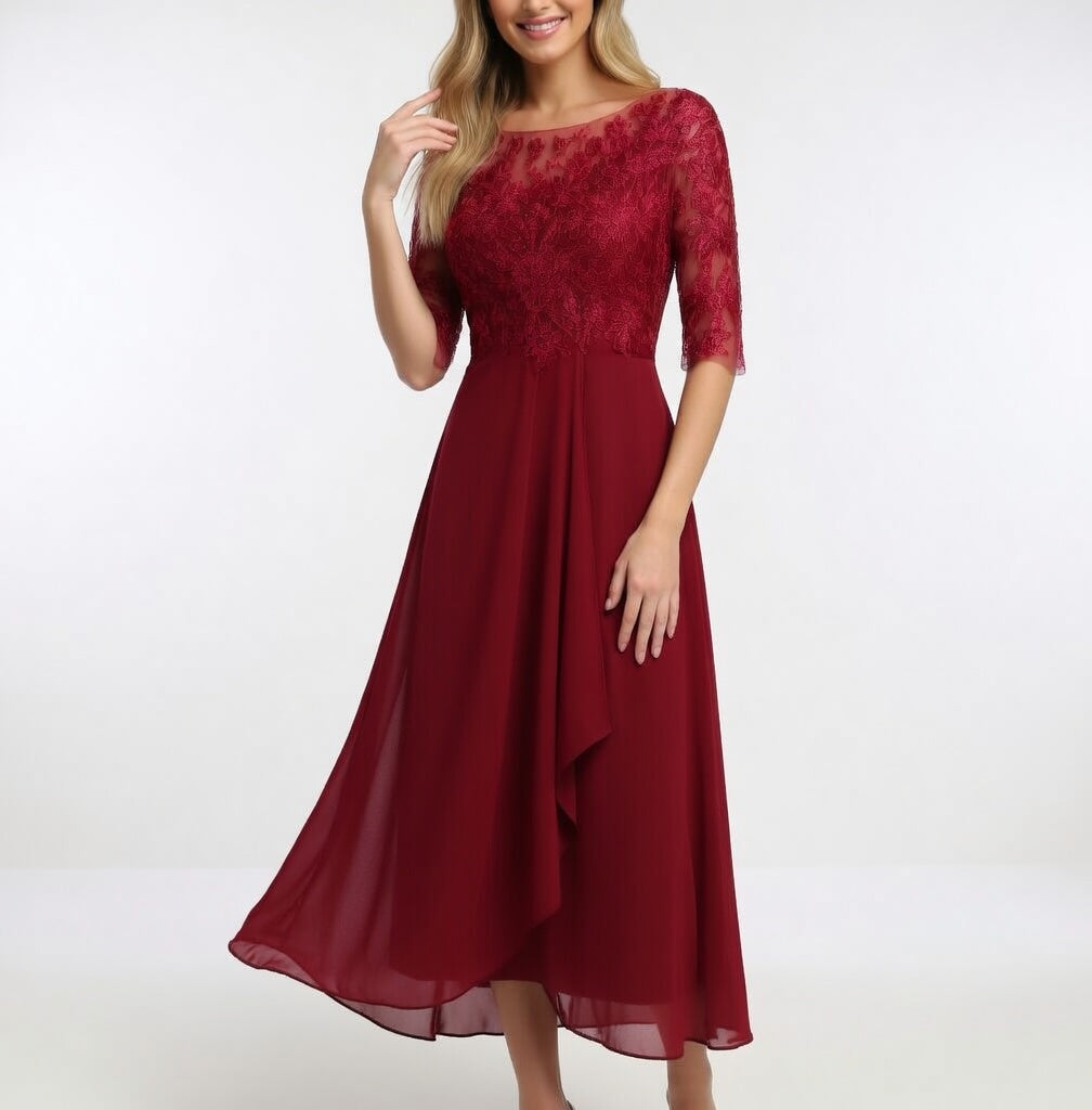 Zerda - Vestido Midi Con Corpiño de Encaje y Manga Media