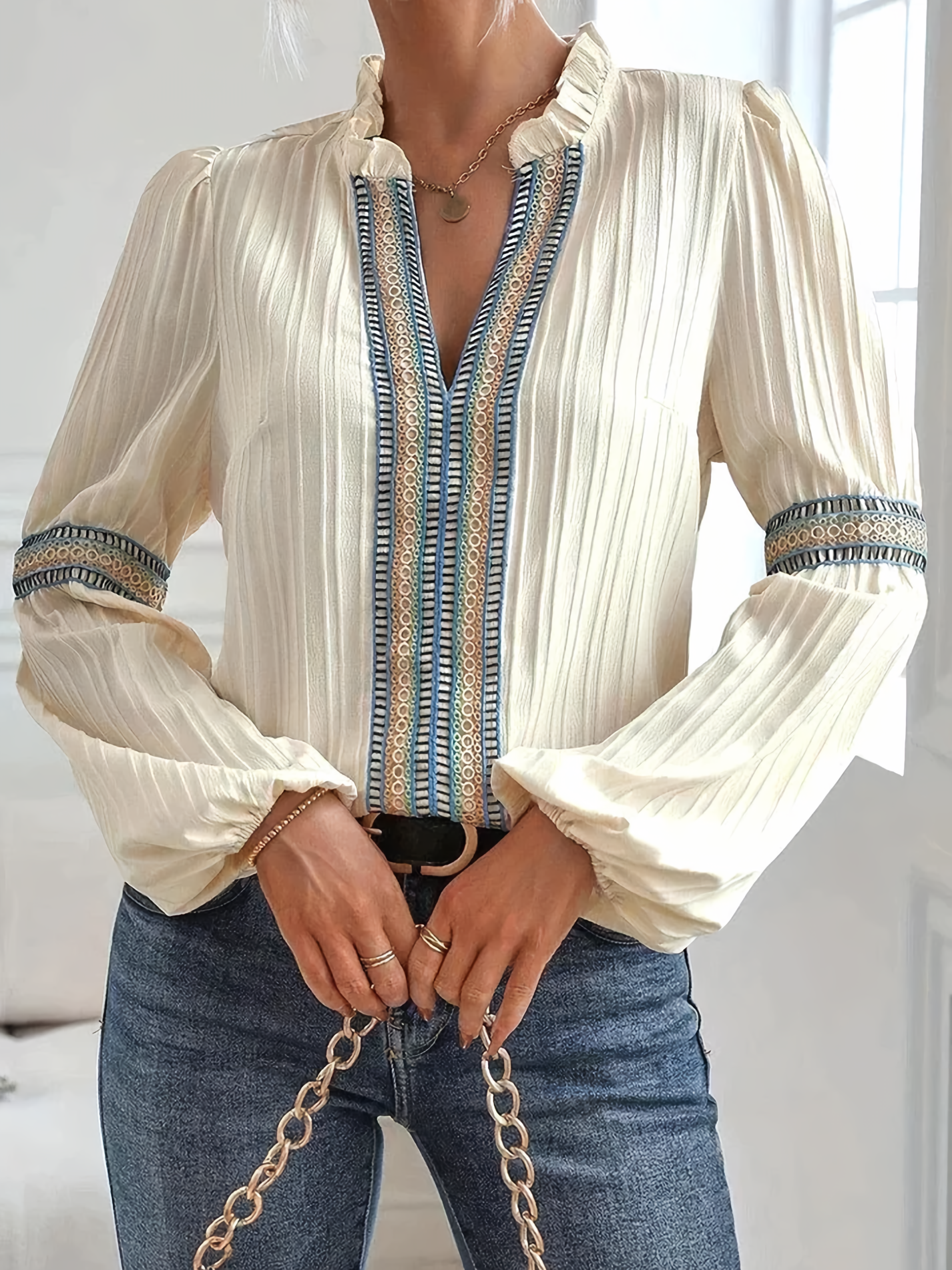 Vinca | Blusa De Manga Larga Plisada Con Cuello De Volantes