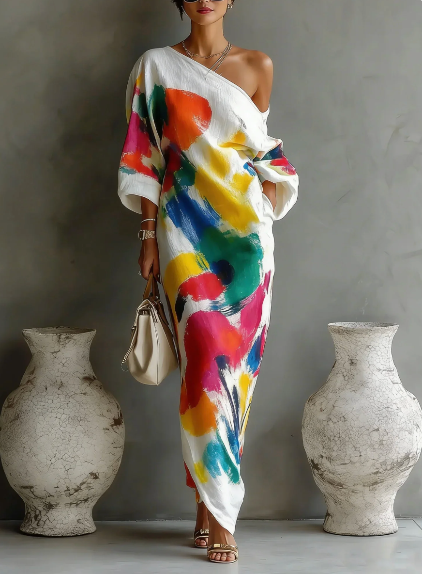 Lorrainen | Vestido Largo de un Solo Hombro con Estampado Abstracto