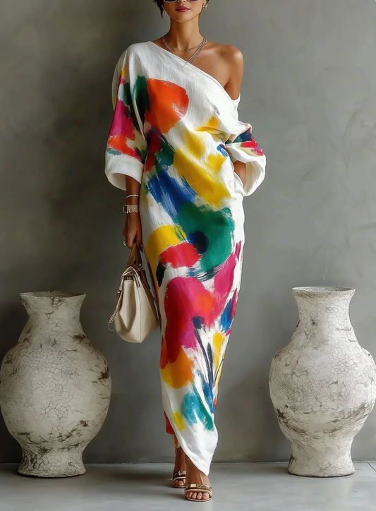 Lorrainen | Vestido Largo de un Solo Hombro con Estampado Abstracto