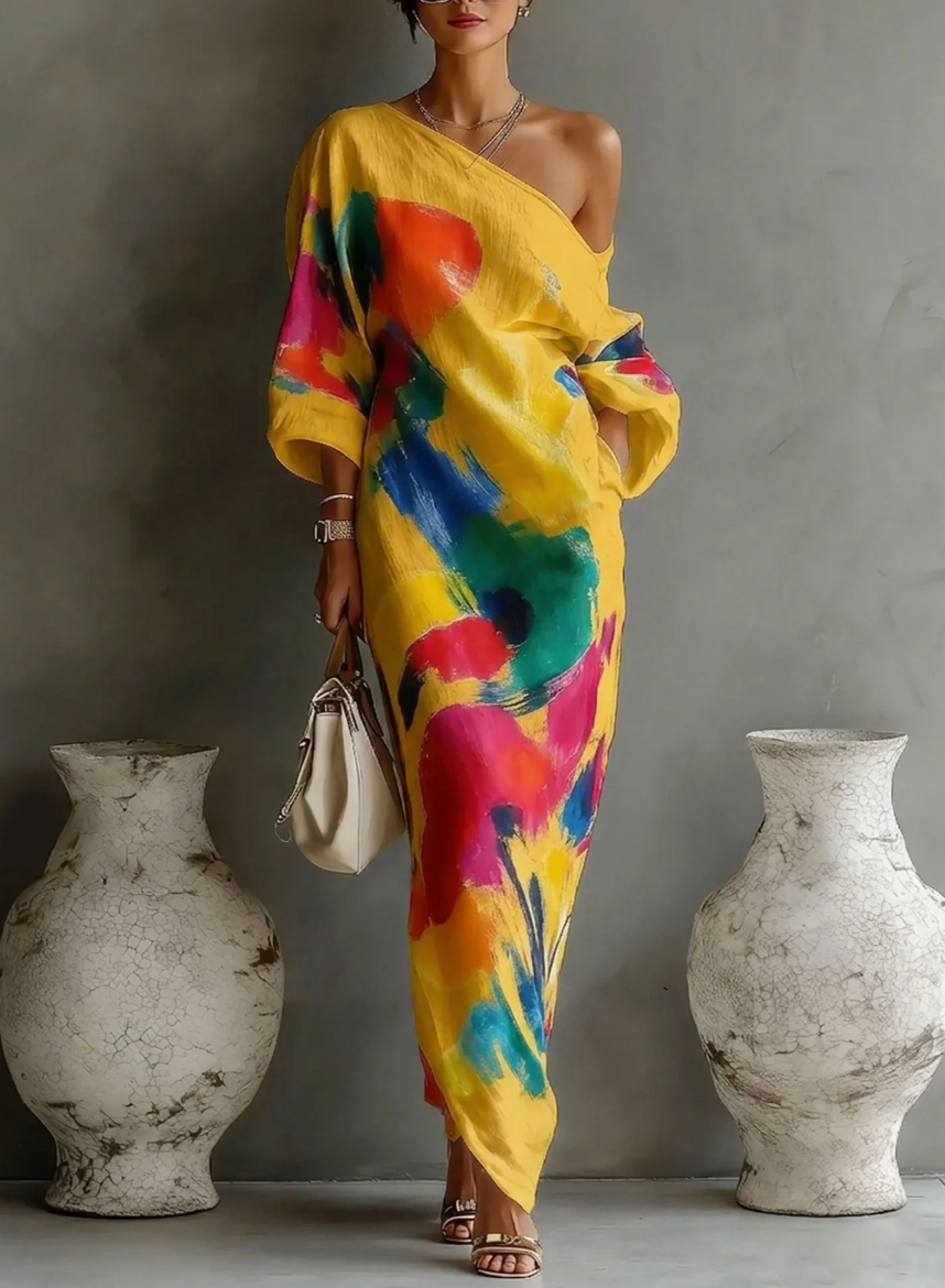 Lorrainen | Vestido Largo de un Solo Hombro con Estampado Abstracto