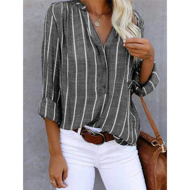 Zhenya - Blusa de Rayas con Botones en la Parte Delantera y Mangas Enrolladas