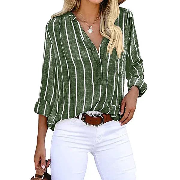 Zhenya - Blusa de Rayas con Botones en la Parte Delantera y Mangas Enrolladas
