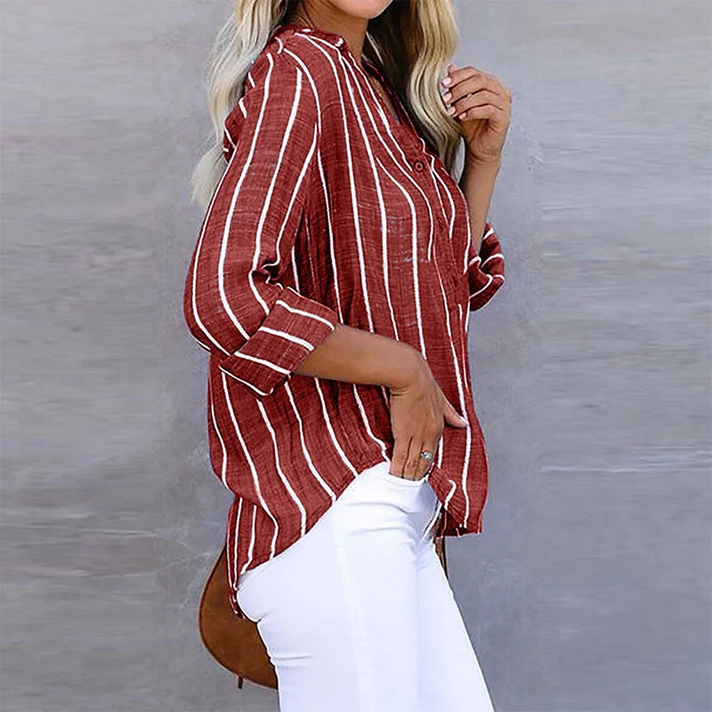 Zhenya - Blusa de Rayas con Botones en la Parte Delantera y Mangas Enrolladas