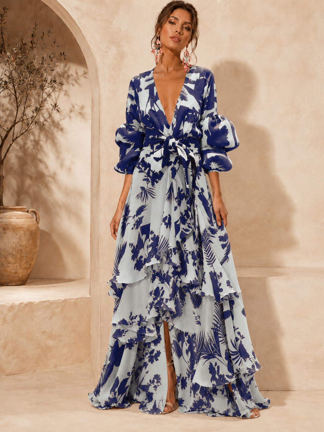 Liaya | Vestido Maxi Estampado Floral Escote Pronunciado Volantes