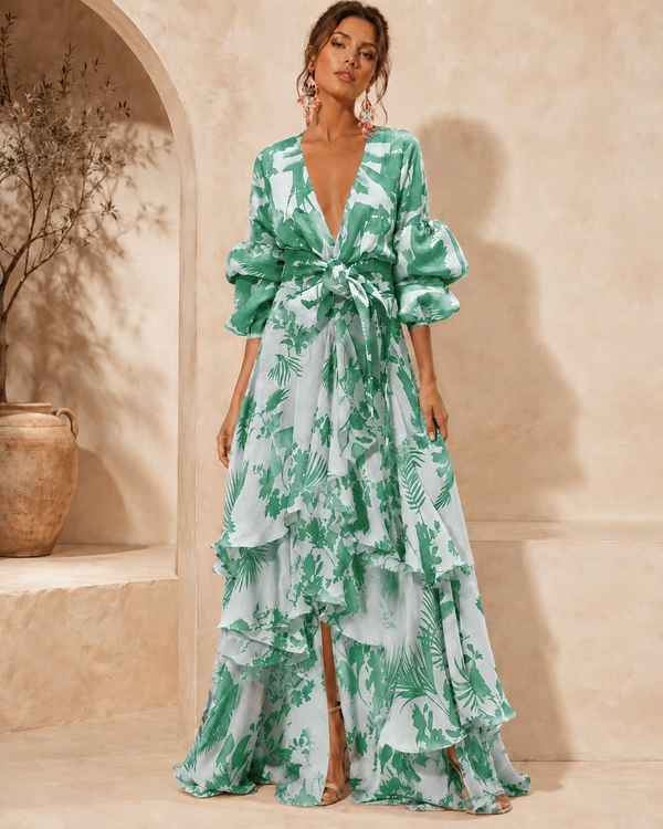 Liaya | Vestido Maxi Estampado Floral Escote Pronunciado Volantes