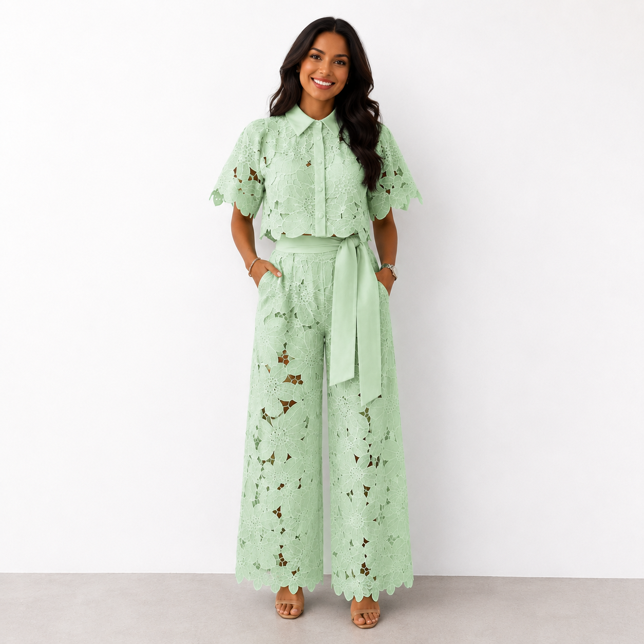 Anni | Conjunto De Camisa De Encaje Y Pantalón De Pierna Ancha