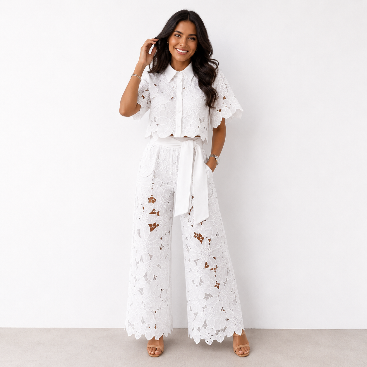Anni | Conjunto De Camisa De Encaje Y Pantalón De Pierna Ancha