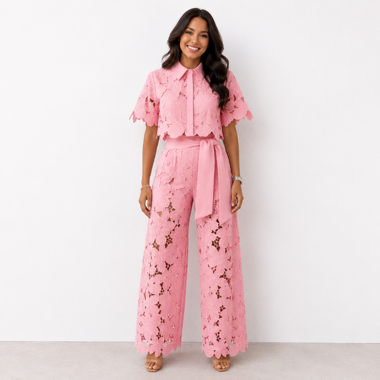 Anni | Conjunto De Camisa De Encaje Y Pantalón De Pierna Ancha