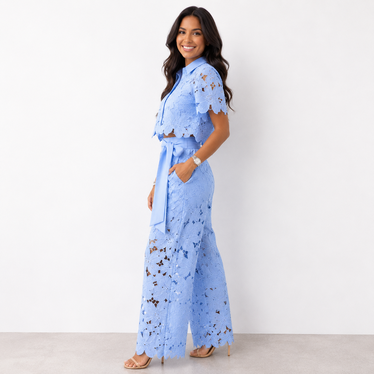Anni | Conjunto De Camisa De Encaje Y Pantalón De Pierna Ancha