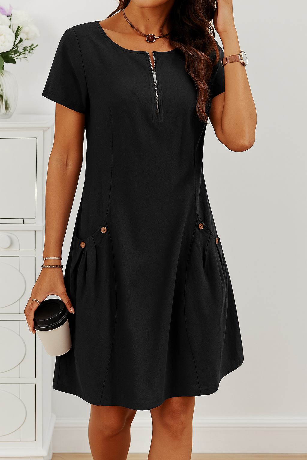 Rudina | Vestido De Manga Corta Con Cremallera Frontal Y Bolsillos