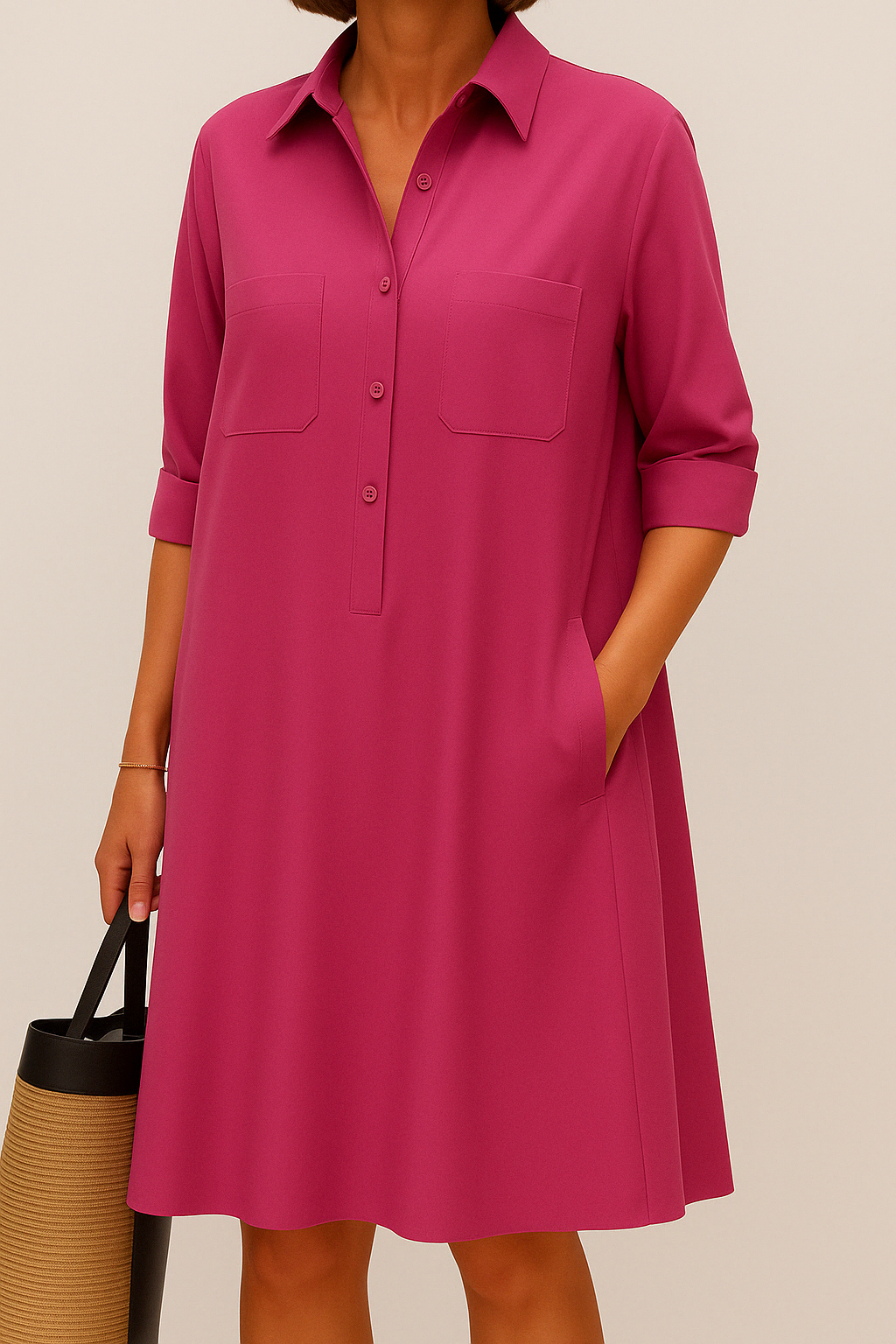 Nelida - Vestido Camisero de Corte en A Con Cuello Botones en la Parte Delantera y Bolsillos