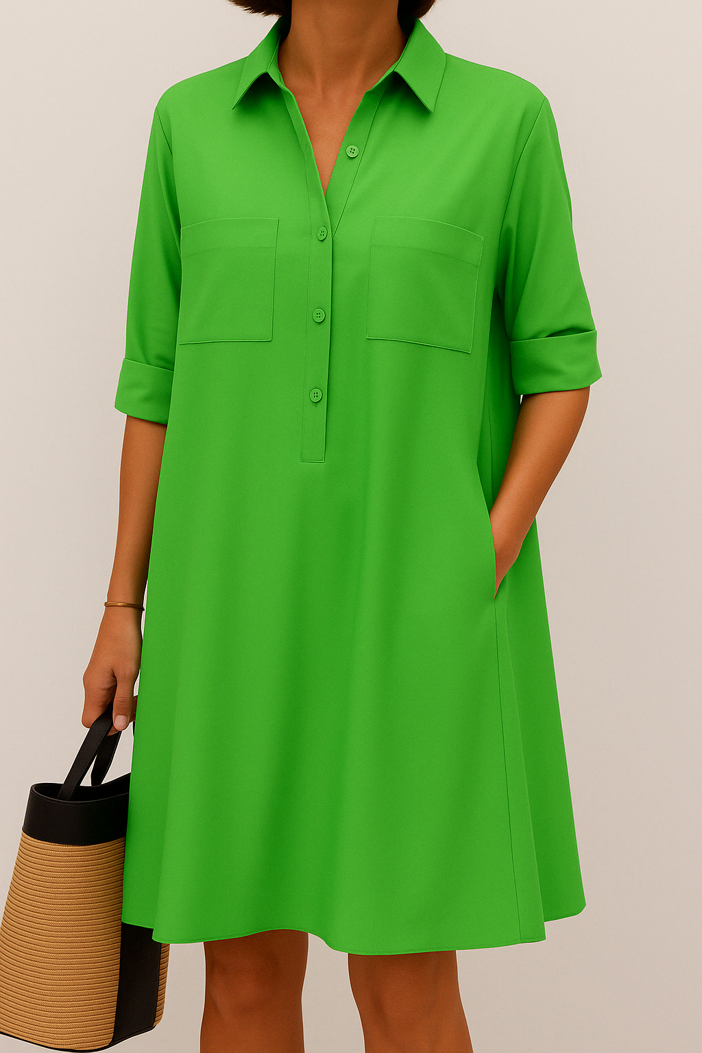 Nelida - Vestido Camisero de Corte en A Con Cuello Botones en la Parte Delantera y Bolsillos
