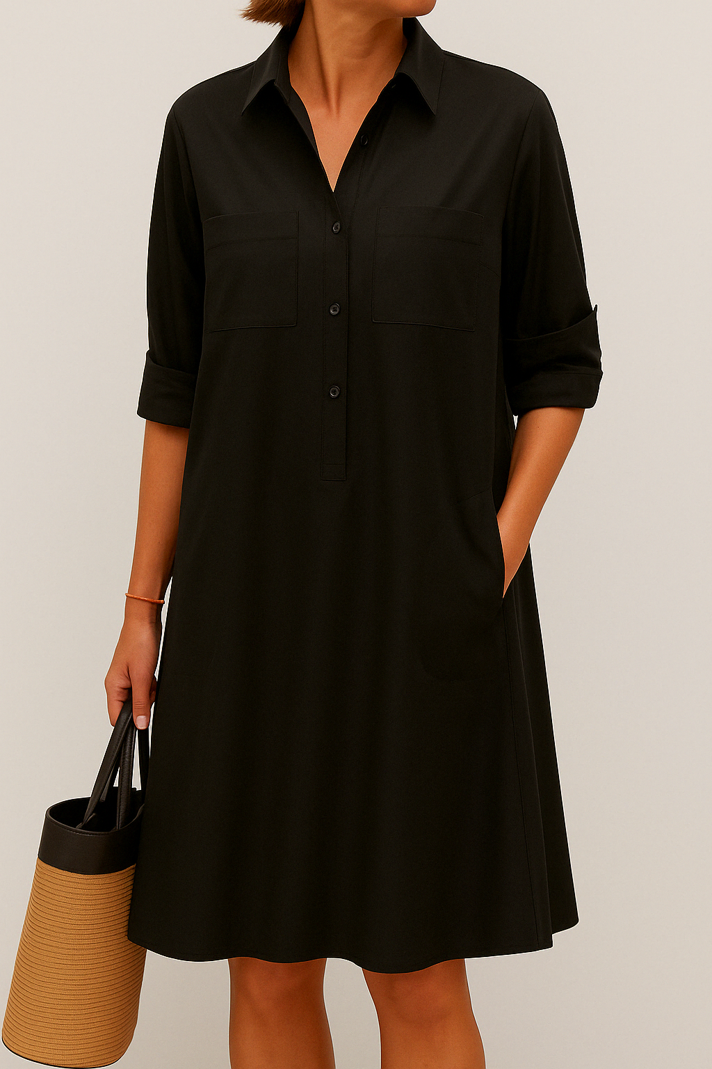 Nelida - Vestido Camisero de Corte en A Con Cuello Botones en la Parte Delantera y Bolsillos